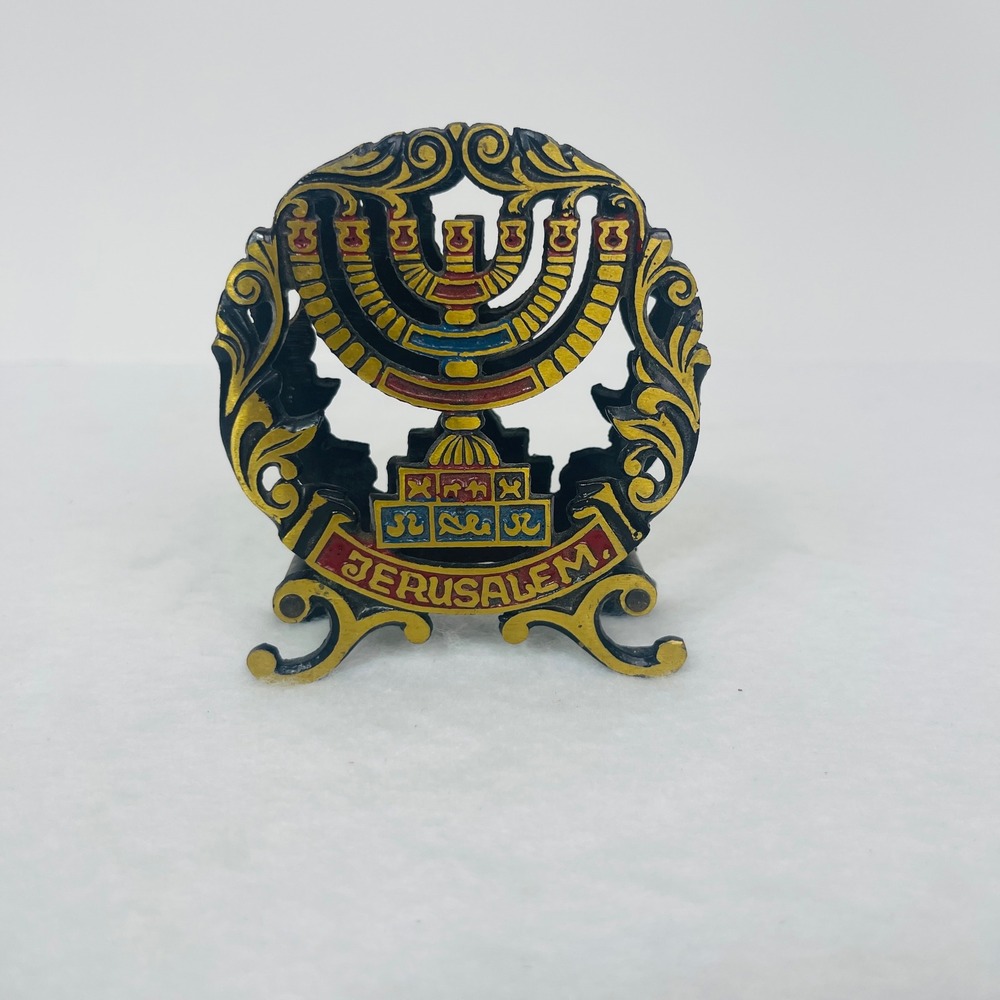 Unbranded Napkin Holder Jerusalem Menorah Black Gold Cast Metal Judaica Excellen